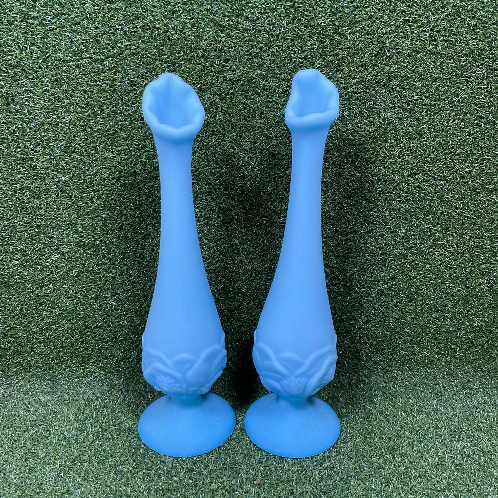 Pair Vintage Fenton Blue Satin Glass Water Lily Bud Vases 10” Ruffled MCM
